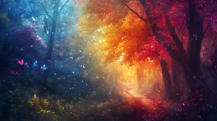 fantasy, lush dense forest, multicolored leaves on the trees, bright, vibrant, magical, mystical 