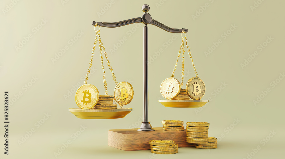 Poster balanced scale with gold bitcoin coins on either side, symbolizing financial equality and cryptocurr
