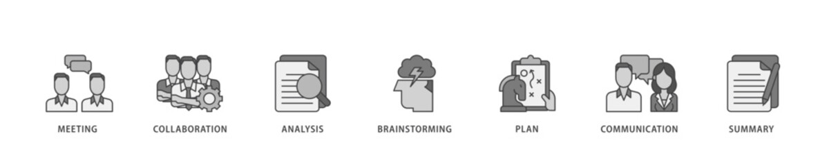 Brief icon infographic illustration concept with icon of meeting, collaboration, analysis, brainstorming, plan, communication, and summary icon live stroke and easy to edit 