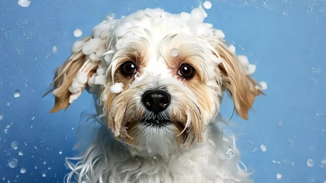 Smiling wet puppy dog taking bath with soap bubble foam on head , Just washed cute dog on blue background, goods for treatment for domestic pets, grooming salon	