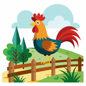 rooster perched fence farm scene clip art preview