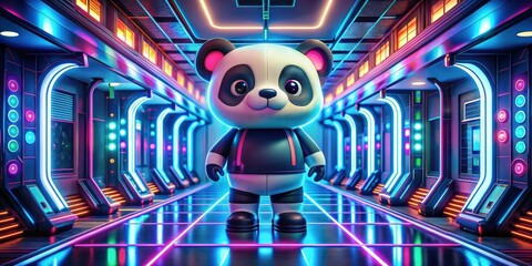 Futuristic arcade center with panda mascot, panda, futuristic, arcade, center, technology