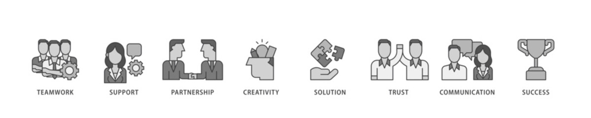 Collaboration icon infographic illustration concept with icon of teamwork, support, partnership, creativity, solution, trust, communication, success icon live stroke and easy to edit 