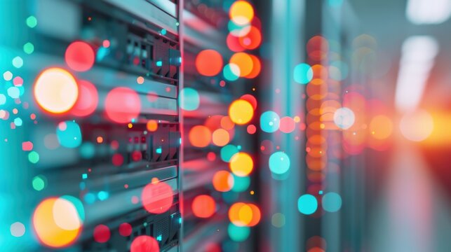 A secure server room with rows of blinking lights on network equipment, representing the backbone of network infrastructure and cybersecurity systems.