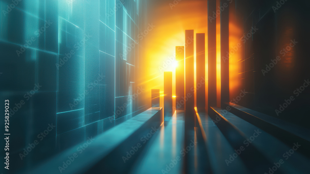 Poster futuristic scene with glowing bars andwarm light source, creatingsense of depth and intrigue.emotion