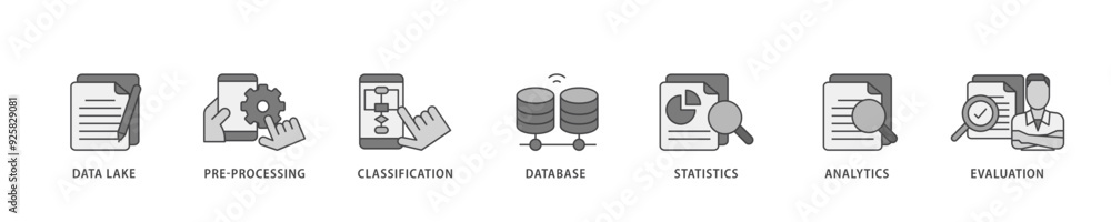 Poster data engineering icon infographic illustration concept with icon of data lake, pre processing, class