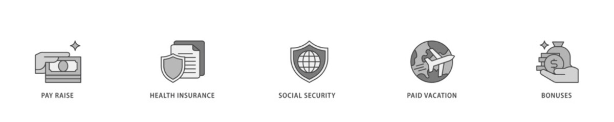 Employee benefits icon infographic illustration concept with icon of pay raise, health insurance, social security, paid vacation and bonuses icon live stroke and easy to edit 