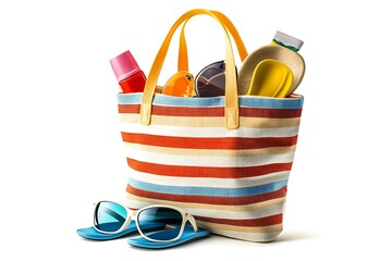 beach bag with towel sunglasses flip-flops and hat.isolated on white
