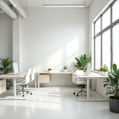 Minimalist office space with natural light and indoor plants