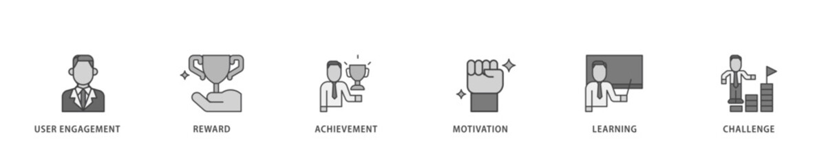 Gamification icon infographic illustration concept with icon of user engagement, reward, achievement, motivation, learning, and challenge icon live stroke and easy to edit 
