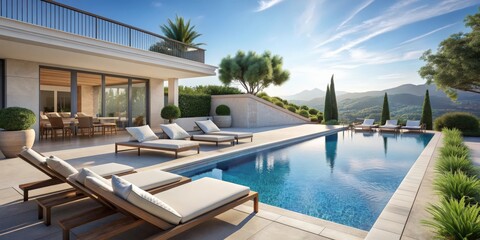 Fototapeta premium Luxurious modern pool area at a Mediterranean villa with sun loungers for relaxing and outdoor living, Mediterranean