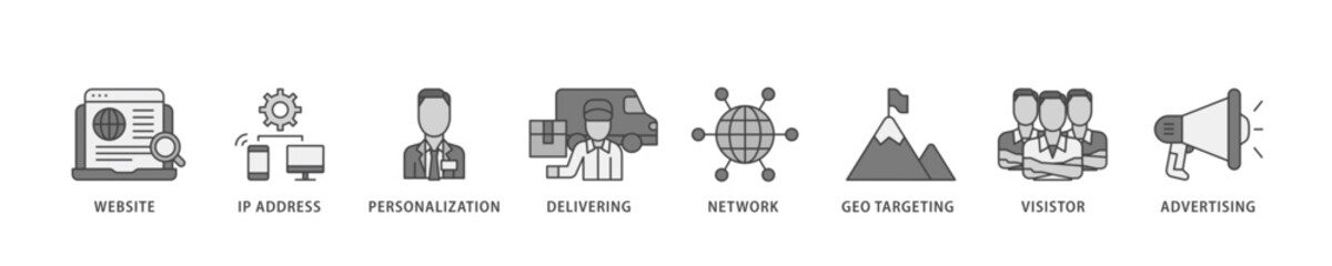 Geo targeting icon infographic illustration concept with icon of website, ip address, personalization, delivering, network, geo targeting, visistor, advertising icon live stroke and easy to edit 