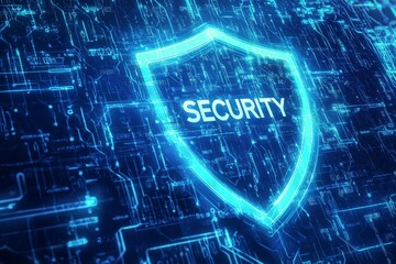 A digital shield with a text "SECURITY", with a background of encrypted data streams in various shades of blue