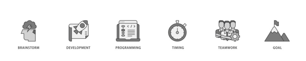 Fototapeta premium Hackathon icon infographic illustration concept with icon of brainstorm, development, programming, timing, speed, teamwork, and goal icon live stroke and easy to edit 