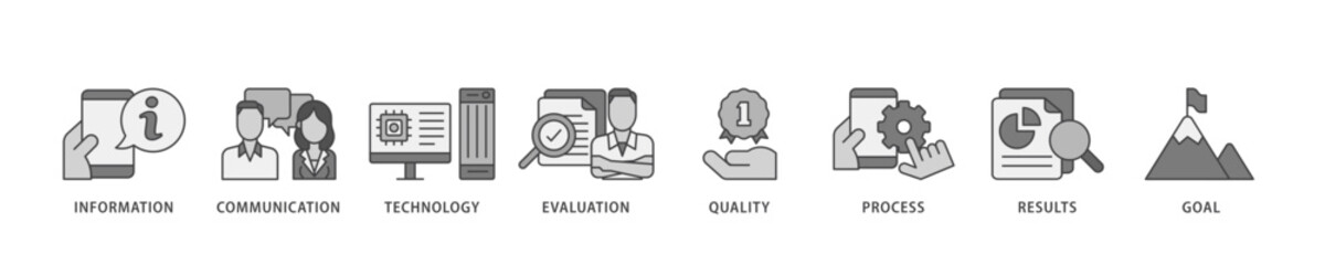 ICT icon infographic illustration concept with icon of antenna, radio, network, website, database, cloud, server, data, electronic, and processor icon live stroke and easy to edit 