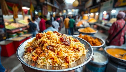Obraz premium Street Food of India: A Vibrant Market Scene Showcasing Kolkata Biryani, Mumbai Vada Pav, Delhi Chole Bhature, and Kolkata Puchka Amidst Colorful Stalls and Rich Aromas