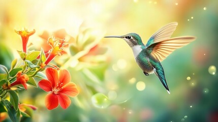 Fototapeta premium Hummingbird's Grace: A vibrant hummingbird hovers near blossoms, wings outstretched in a breathtaking display of nature's beauty. Sunlight filters through the scene, creating a magical ambiance.
