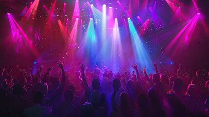 Festive club atmosphere with party crowd immersed in music and light show