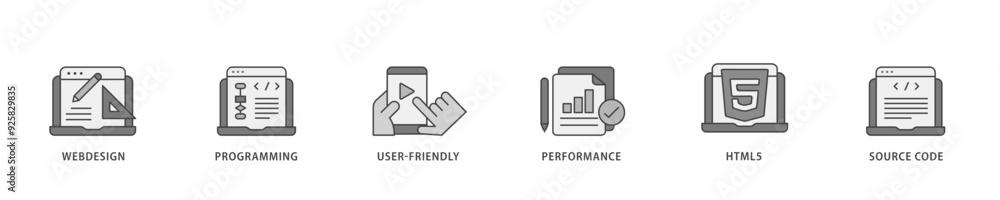 Poster mobile first icon infographic illustration concept with icon of webdesign, programming, user friendl