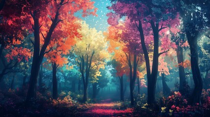 fantasy, lush dense forest, multicolored leaves on the trees, bright, vibrant, magical, mystical 