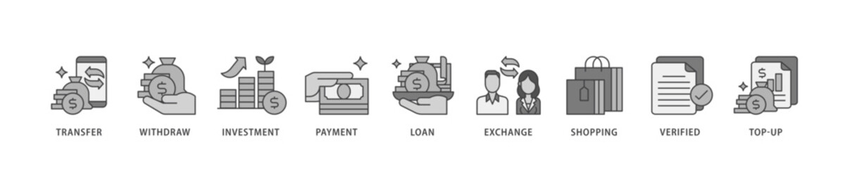 Mobile banking icon infographic illustration concept with icon of transfer, withdraw, investment, payment, loan, exchange, shopping, verified and top up icon live stroke and easy to edit 