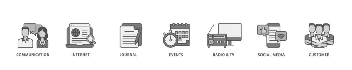 Public relations icon infographic illustration concept with icon of communication, internet, journal, events, radio, tv, social media, and customer icon live stroke and easy to edit 