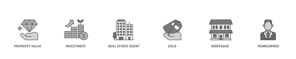Real estate icon infographic illustration concept with icon of sold, home owner, mortgage, real estate, agent, investment, property value icon live stroke and easy to edit 