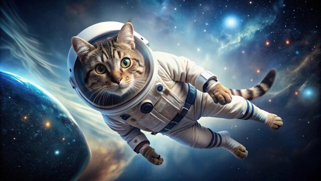A playful tabby cat floating in a spacesuit in zero gravity, space, cat, astronaut, outer space, feline, galaxy, stars
