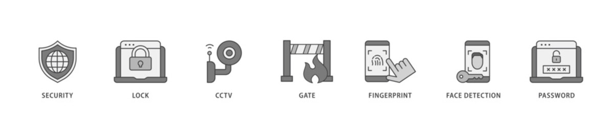 Security system icon infographic illustration concept with icon of password, gate, face detection, finger print, cctv, lock, security icon live stroke and easy to edit 