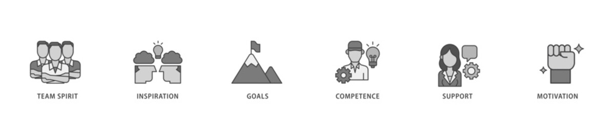 Team building icon infographic illustration concept with icon of team spirit, inspiration, goals, competence, support, and motivation icon live stroke and easy to edit 