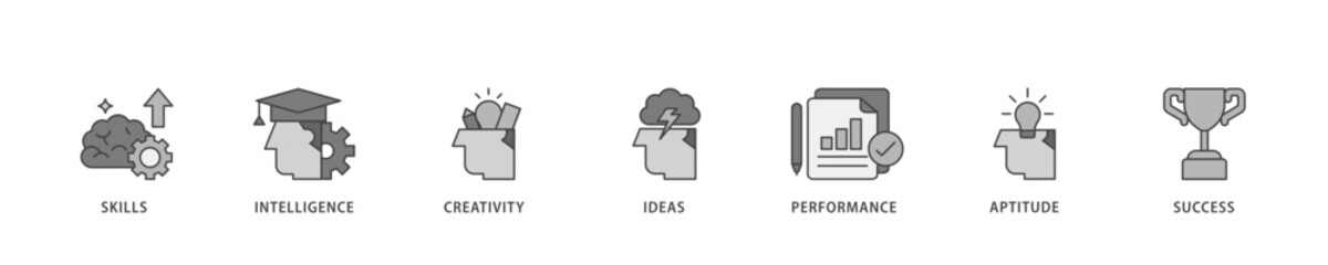Talent management icon infographic illustration concept with icon of skills, intelligence, creativity, ideas, performance, aptitude, and success icon live stroke and easy to edit 