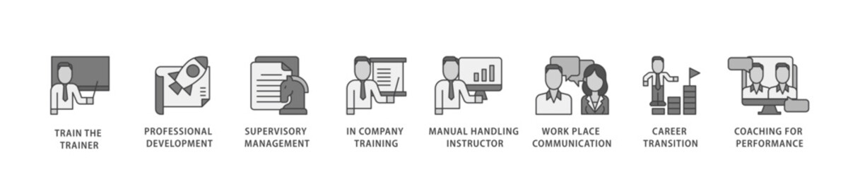 Training icon infographic illustration concept with icon of coaching, teaching, knowledge, development, learning, experience, and skills icon live stroke and easy to edit 