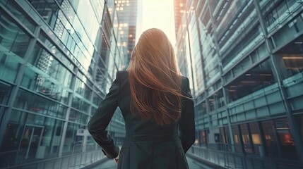 A confident woman stands in a modern urban environment, surrounded by glass skyscrapers, illuminated by soft evening light.