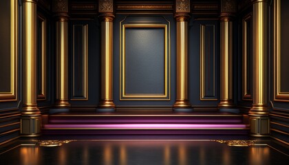 Obraz premium Black and Gold Interior with Purple Platform and Gold Columns