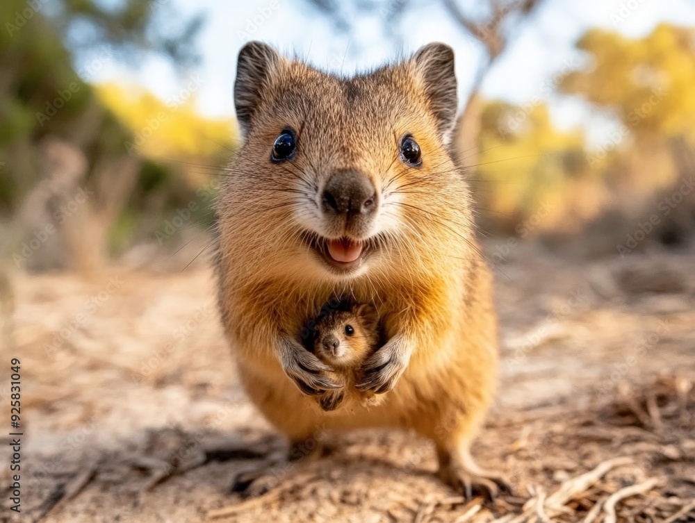 Wall mural Happy quokka holding a baby in its arms during a golden sunset in a nature park