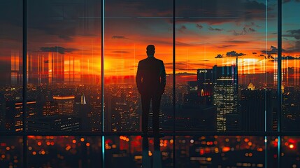 Fototapeta premium Silhouette of a businessman standing by a large window, overlooking a vibrant sunset cityscape filled with skyscrapers.