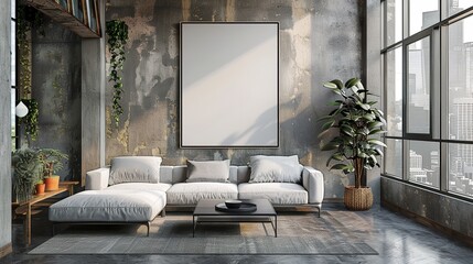 Blank horizontal poster frames mock up in minimal white style living room interior, modern living room interior background