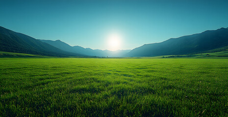 Obraz premium A breathtaking view of a vast green field extending towards distant mountains under a bright, clear blue sky. 