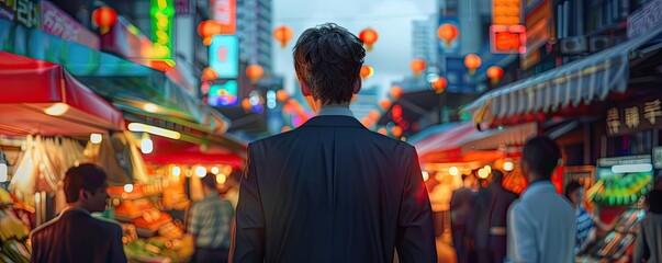 Naklejka premium A man in a suit observes a vibrant street market filled with colorful stalls and lanterns, capturing the essence of urban life.