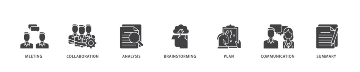 Brief icon infographic illustration concept with icon of meeting, collaboration, analysis, brainstorming, plan, communication, and summary icon live stroke and easy to edit 