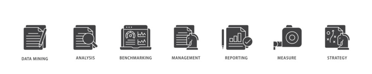 Business intelligence icon infographic illustration concept with icon of data mining, analysis, benchmarking, management, reporting, measure, and strategy icon live stroke and easy to edit 