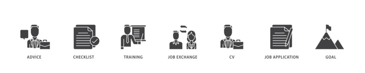 Career planning icon infographic illustration concept with icon of advice, checklist, training, job exchange, cv, job application and goal icon live stroke and easy to edit 