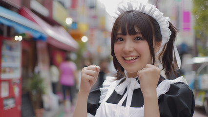 A maid cosplayer in Akihabara, Japan. copy space, happily fist pumping