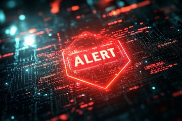 A glowing red warning icon with text "ALERT" inside, overlaid on a dark digital interface filled with code lines, symbolizing detected threats in a cybersecurity system. 