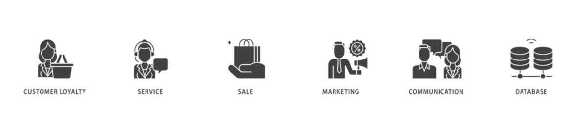 CRM icon infographic illustration concept with icon of customer loyalty, service, sale, marketing, communication, and database icon live stroke and easy to edit 