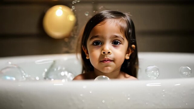 Soap foam, bath time, little European child  taking bubble bath in beautiful bathroom, Kids hygiene, Shampoo, hair treatment and soap for children, Kid bathing in large tub , foam in hair