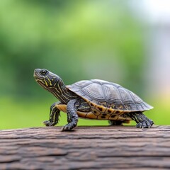 A painted turtle basking on a log amidst a lush green background on a sunny day