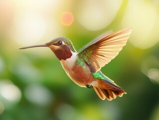 A vibrant hummingbird flitting among blooming flowers in a sunny garden