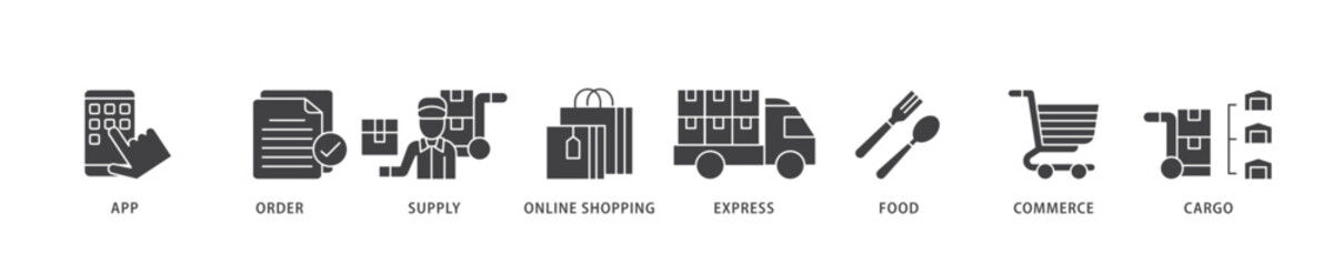 Delivery service icon infographic illustration concept with icon of cargo, commerce, online shopping, food, express, supply, order, app icon live stroke and easy to edit 