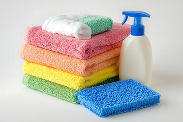 Cosmetics bottles and towels. Isolated on white background